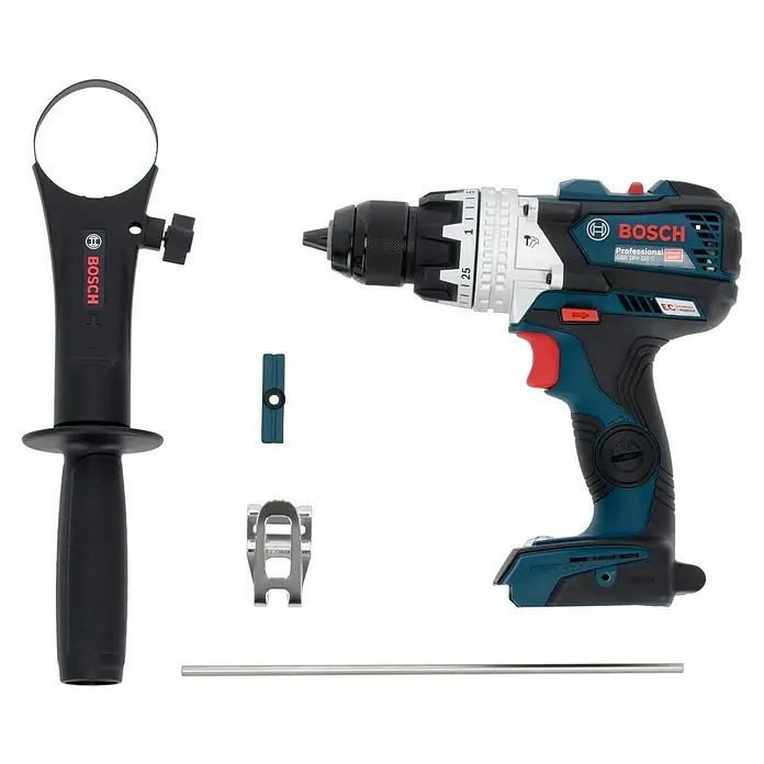 Bosch Professional AMPShare 18V Akku-Schlagbohrschrauber GSB 18V-110 C - 18 V, Ohne Akku, 110 Nm, Inkl. Koffer - Abbildung einer Bosch Professional GSB 18V-110 C Akku-Bohrmaschine mit Zubehör.