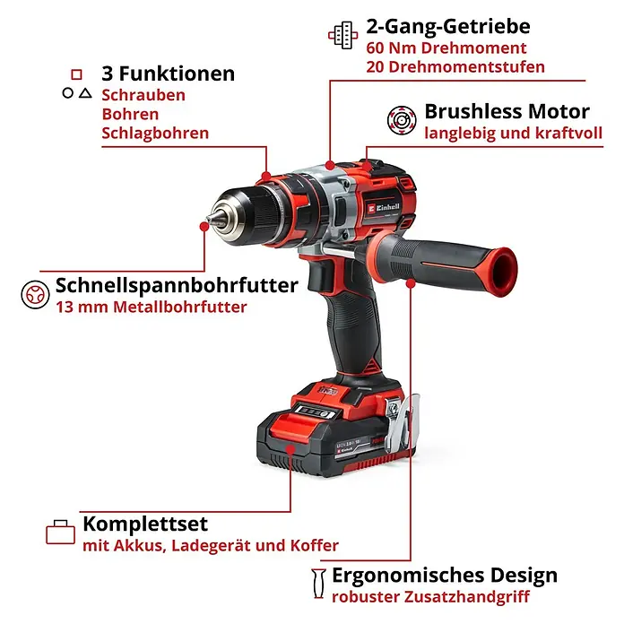 Einhell Professional Power X-Change 18V Akku-Schlagbohrschrauber TP-CD 18 Li-i BL - 18 V, 2 Akkus, 60 Nm - Bild einer Einhell Akku-Schlagbohrmaschine mit Details zu Funktionen, Motor und Zubehör. Komplettset für vielfältige Anwendungen.