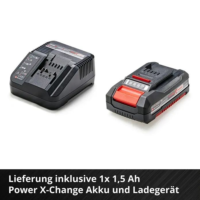 Einhell Power X-Change 18V Akku-Bohrschrauber TC-CD 18/35 - 18 V, 1 Akku, 1,5 Ah, 35 Nm - Abbildung eines Power X-Change Akkus mit 1,5 Ah und einem Ladegerät.
