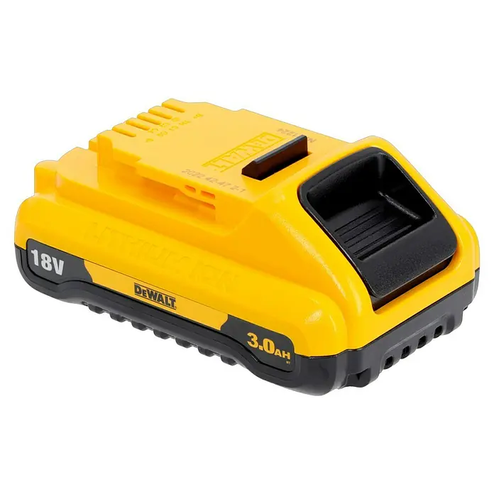 DeWalt XR 18V Akku-Bohrschrauber DCD708L2T - 18 V, 2 Akkus, 3 Ah, 65 Nm - Ein gelber DeWalt 18V 3.0Ah Akku mit schwarzer Basis, der robust und langlebig ist, ideal für Elektrowerkzeuge.