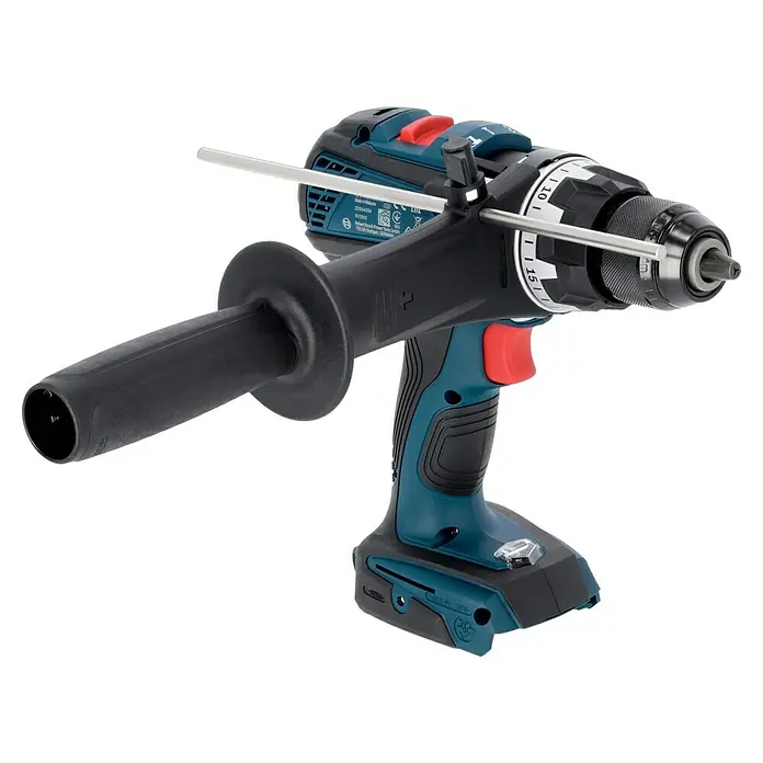Bosch Professional AMPShare 18V Akku-Schlagbohrschrauber GSB 18V-110 C - 18 V, Ohne Akku, 110 Nm, Inkl. Koffer - Ein akkubetriebener Bosch-Bohrer mit blauem Gehäuse, schwarzem Griff und einem zusätzlichen Griff für erhöhte Stabilität.