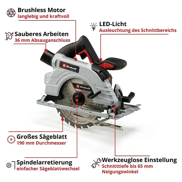 Einhell Professional Power X-Change 18V Akku-Handkreissäge TE-CS 18/190 Li BL-Solo - 18 V, Ohne Akku, Leerlaufdrehzahl: 0 U/min - 3.800 U/min - Akkuschrauber mit bürstenlosem Motor, LED-Licht, Sägeblatt 190mm, Spindelarretierung und werkzeugloser Einstellung.