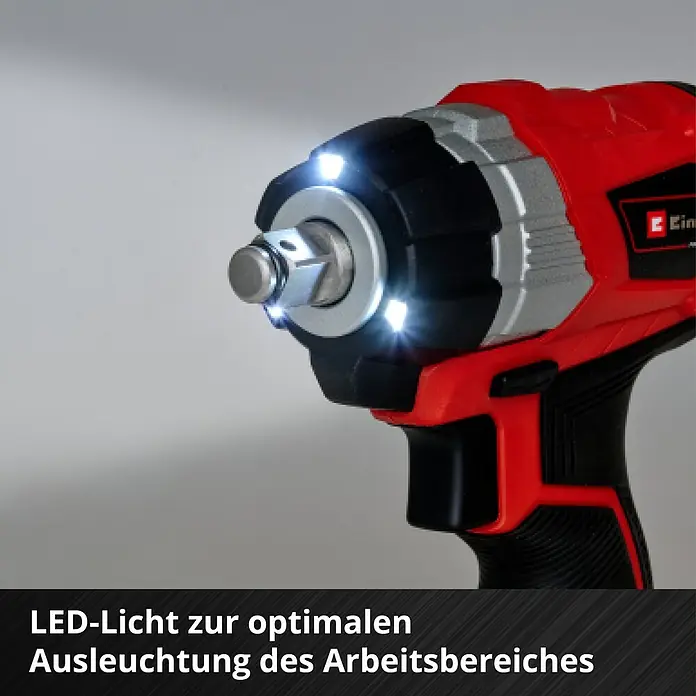 Einhell Professional Power X-Change 18V Akku-Impulsschrauber TE-CW 18 Li Brushless-Solo - 18 V, Ohne Akku, 215 Nm - Akku-Schlagschrauber mit LED-Licht für optimale Ausleuchtung. Das Gerät ist rot-schwarz und verfügt über einen silbernen Kopf.