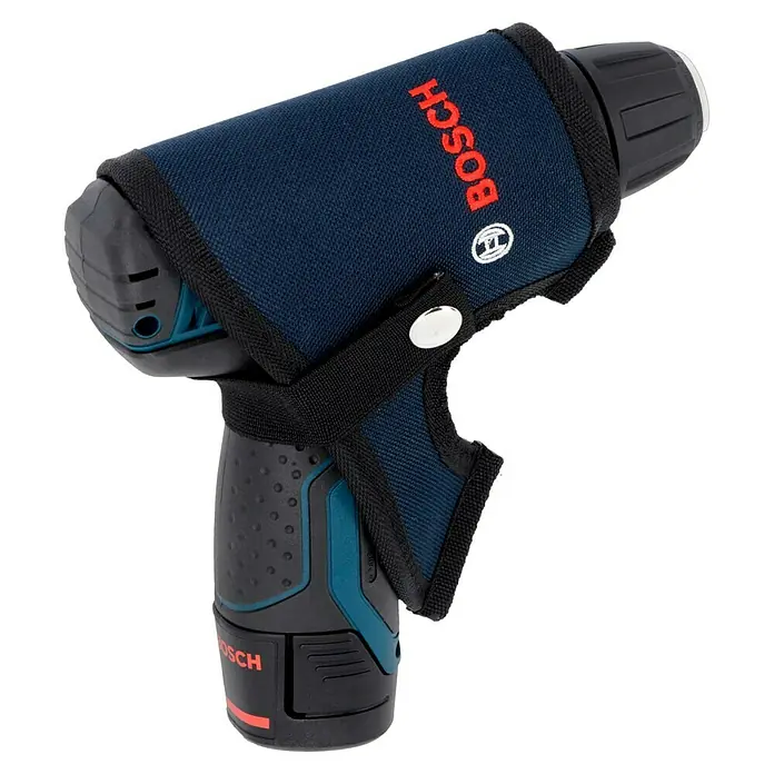 Bosch Professional Akku-Bohrschrauber GSR 12V-15 FC - 12 V, 2 Akkus, 2 Ah, 30 Nm, 11 -tlg. - Nahaufnahme eines Bosch Akkuschraubers mit blauem Holster und rotem Bosch-Logo, ideal für den Werkstattgebrauch.