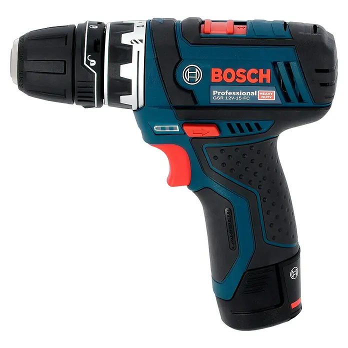 Bosch Professional Akku-Bohrschrauber GSR 12V-15 FC - 12 V, 2 Akkus, 2 Ah, 30 Nm, 11 -tlg. - Bild einer Bosch GSR 12V-15 FC Akku-Bohrmaschine, einem professionellen und robusten Elektrowerkzeug.