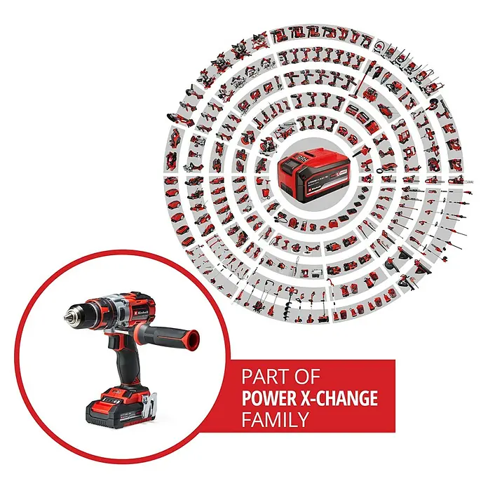 Einhell Professional Power X-Change 18V Akku-Schlagbohrschrauber TP-CD 18 Li-i BL - 18 V, 2 Akkus, 60 Nm - Akkuschrauber aus der Power X-Change Familie mit Akku im Vordergrund. Eine große Auswahl an kompatiblen Geräten wird im Hintergrund gezeigt.
