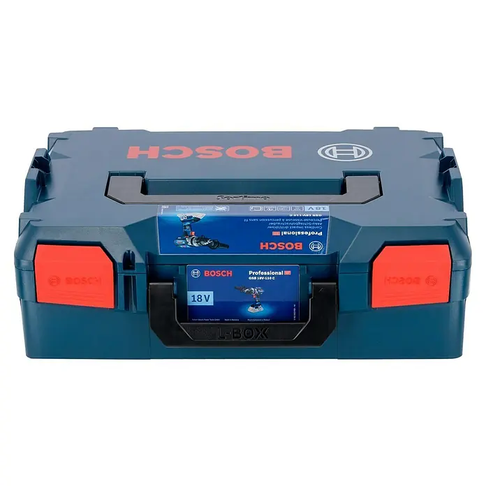 Bosch Professional AMPShare 18V Akku-Schlagbohrschrauber GSB 18V-110 C - 18 V, Ohne Akku, 110 Nm, Inkl. Koffer - Ein blauer Bosch L-Boxx Werkzeugkoffer mit dem Bosch Professional GSB 18V-110 C Akku-Schlagschrauber Set.