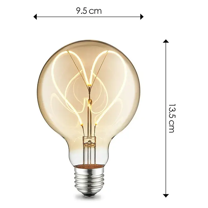 Home Sweet Home LED-Lampe Heart Vintage Globe-Form E27 - E27, Dimmbar, Warmweiß, 280 lm, 4 W - Produktansicht: Die Glühbirne mit den Maßen 9,5 cm Breite und 13,5 cm Höhe im Detail.