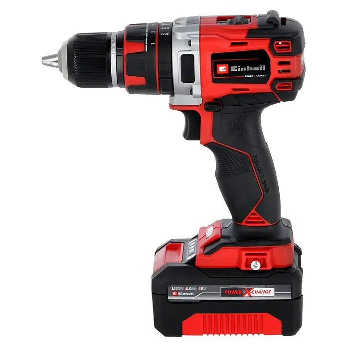 Einhell Professional Power X-Change 18V Akku-Schlagbohrschrauber TP-CD 18/50 Li-i BL - 18 V, 2 Akkus, 2 Ah - 4 Ah, 50 Nm - Akkuschrauber von Einhell: Leistungsstarkes Werkzeug für Heimwerker und Profis mit rotem und schwarzem Design.
