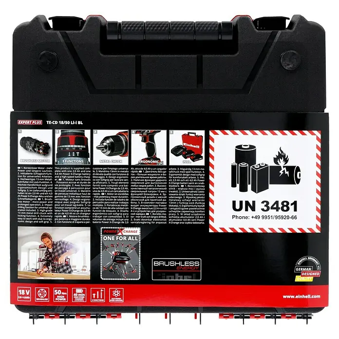 Einhell Professional PXC 18V Taladro atornillador percutor de batería TE-CD 18/50 Li-i BL - 18 V, 2 baterías, 2 Ah - 4 Ah, 50 Nm - Imagen de un taladro atornillador inalámbrico Einhell TE-CD 18/50 Li-i BL.