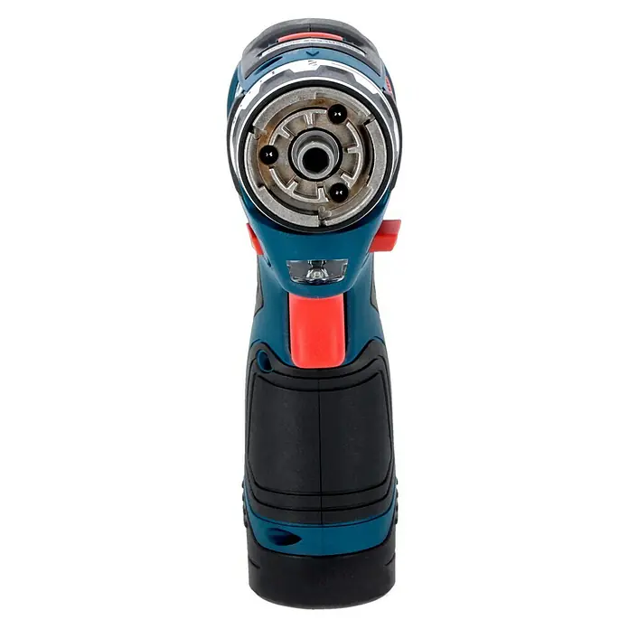 Bosch Professional Akku-Bohrschrauber GSR 12V-35 FC - 12 V, 2 Akkus, 3 Ah, 35 Nm, Inkl. 3 Aufsätze - Nahaufnahme eines Bosch Akku-Bohrschraubers, der die Details des Schraubfutters und des ergonomischen Designs hervorhebt.