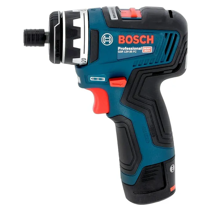 Bosch Professional Akku-Bohrschrauber GSR 12V-35 FC - 12 V, 2 Akkus, 3 Ah, 35 Nm, Inkl. 3 Aufsätze - Abbildung eines Bosch GSR 12V-35 FC Akku-Bohrschraubers, einem professionellen Werkzeug für schwere Aufgaben.