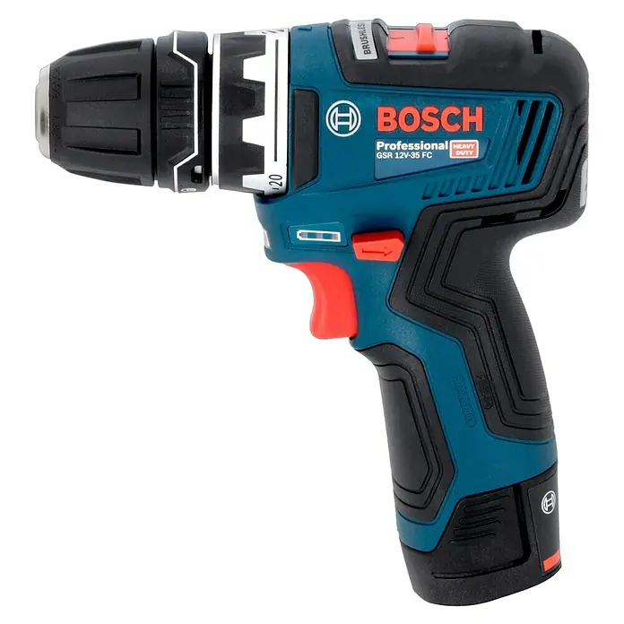 Bosch Professional Akku-Bohrschrauber GSR 12V-35 FC - 12 V, 2 Akkus, 3 Ah, 35 Nm, Inkl. 3 Aufsätze - Abbildung eines Bosch Professional GSR 12V-35 FC Akku-Bohrschraubers mit blauem Gehäuse und rotem Auslöser.