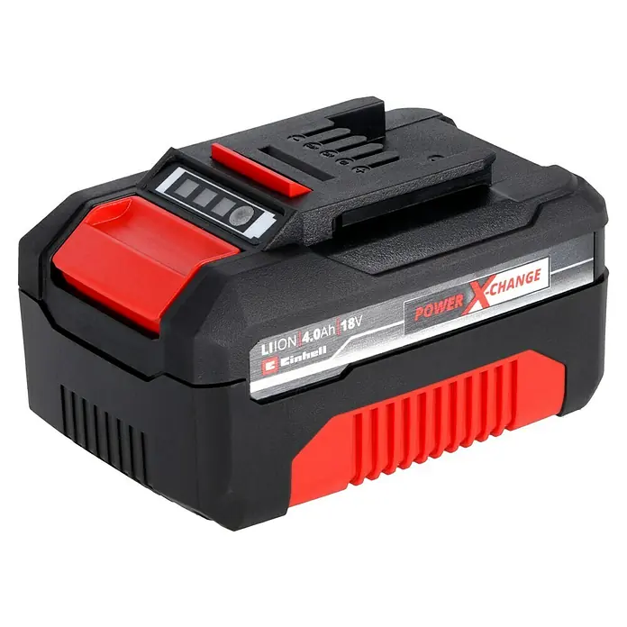 Einhell Professional PXC 18V Taladro atornillador percutor de batería TE-CD 18/50 Li-i BL - 18 V, 2 baterías, 2 Ah - 4 Ah, 50 Nm - Primer plano de una batería de la marca Einhell, modelo Power X-Change, con 4.0Ah y 18V, en negro y rojo.