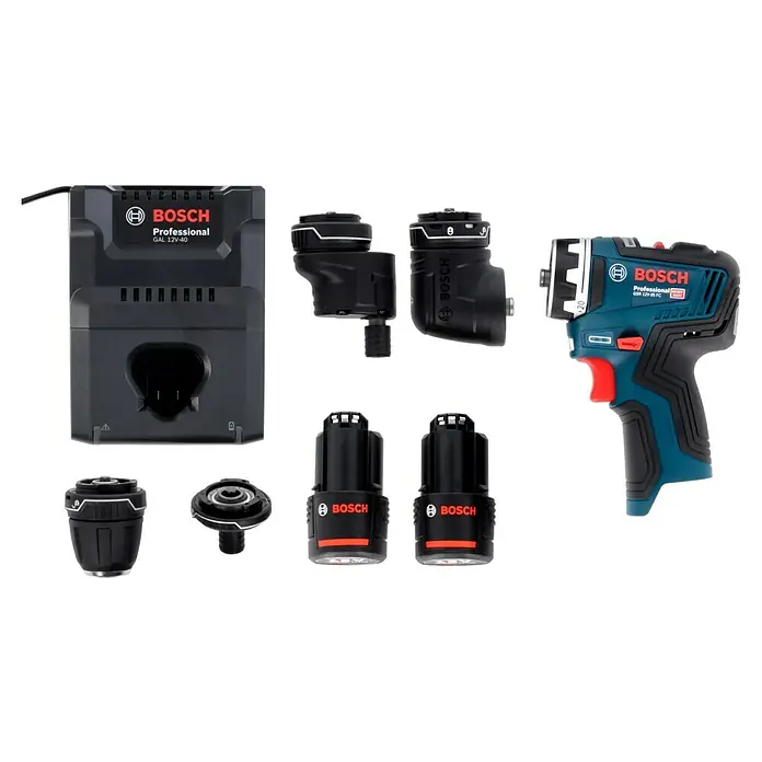 Bosch Professional Akku-Bohrschrauber GSR 12V-35 FC - 12 V, 2 Akkus, 3 Ah, 35 Nm, Inkl. 3 Aufsätze - Ein Akku-Bohrschrauber-Set von Bosch Professional mit Akkus, Ladegerät und verschiedenen Aufsätzen.