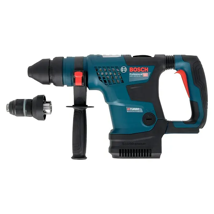 Bosch Professional AMPShare 18V Martillo combinado de batería GBH 18V-34 CF - 18 V, Sin batería, 5,8 J - Martillo rotativo inalámbrico azul Bosch GBH 18V-34 CF con mandril intercambiable, ideal para trabajos de construcción pesados, sobre fondo negro.