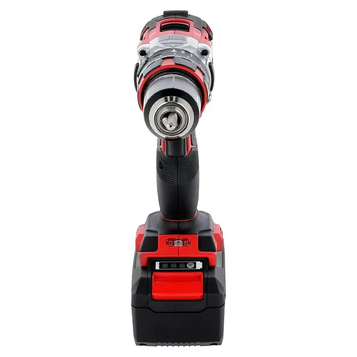 Einhell Professional PXC 18V Taladro atornillador percutor de batería TE-CD 18/50 Li-i BL - 18 V, 2 baterías, 2 Ah - 4 Ah, 50 Nm - Primer plano de un taladro atornillador inalámbrico con cuerpo rojo y negro, que muestra un diseño robusto e ingeniería de precisión para un trabajo eficiente.