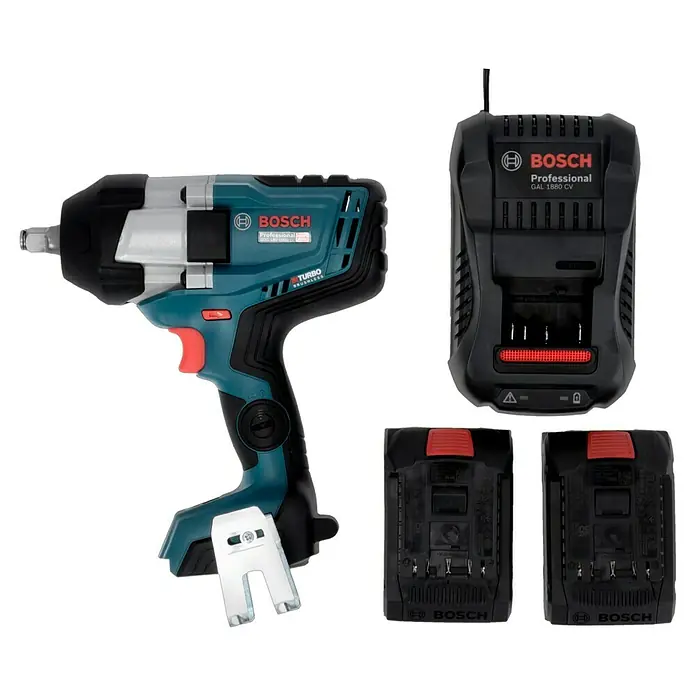 Bosch Professional AMPShare 18V Akku-Drehschlagschrauber GDS 18V-1000 C - 18 V, 2 Akkus, 8 Ah, 1.000 Nm, Inkl. Bluetooth Low Energy Modul GCY 42 - Bild eines Bosch Professional Akku-Schlagschraubers mit Ladegerät und zwei Akkus.