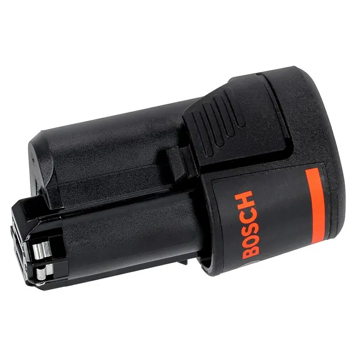 Bosch Professional Akku-Bohrschrauber GSR 12V-35 FC - 12 V, 2 Akkus, 3 Ah, 35 Nm, Inkl. 3 Aufsätze - Nahaufnahme eines Bosch-Akkus mit schwarzem Gehäuse und orangenen Akzenten.