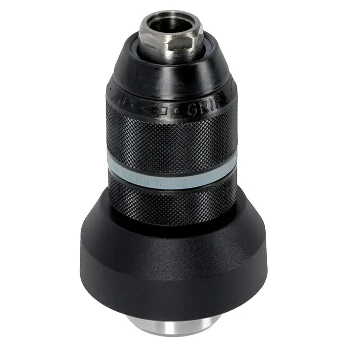 Bosch Professional AMPShare 18V Akku-Kombihammer 18V-34 CF - 18 V, Ohne Akku, 5,8 J - Detailaufnahme eines Bohrfutters für eine Bohrmaschine, mit Fokus auf die Spannvorrichtung und das gerändelte Gehäuse für optimalen Halt.