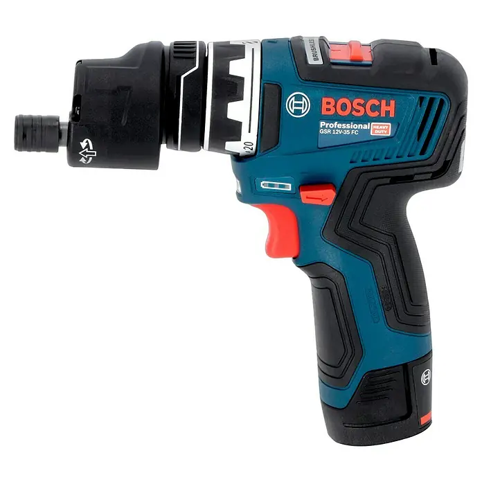 Bosch Professional Akku-Bohrschrauber GSR 12V-35 FC - 12 V, 2 Akkus, 3 Ah, 35 Nm, Inkl. 3 Aufsätze - Nahaufnahme eines Bosch GSR 12V-35 FC Akku-Bohrschraubers. Ideal für präzise Arbeiten und vielseitige Anwendungen.