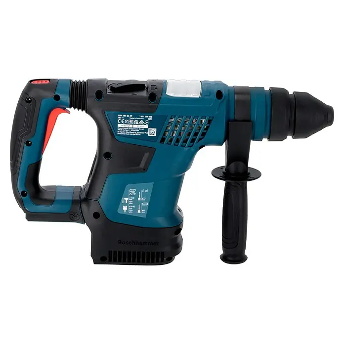 Bosch Professional AMPShare 18V Martillo combinado de batería GBH 18V-34 CF - 18 V, Sin batería, 5,8 J - Imagen de un martillo rotativo Boschhammer GBH 18V-34 CF, con un diseño azul y negro y un mango auxiliar para el control.