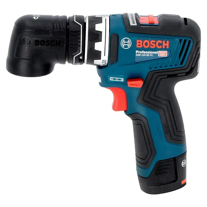 Bosch Professional Akku-Bohrschrauber GSR 12V-35 FC - 12 V, 2 Akkus, 3 Ah, 35 Nm, Inkl. 3 Aufsätze - Bosch Professional GSR 12V-35 FC Akku-Bohrschrauber mit Winkelvorsatz, ideal für schwer zugängliche Stellen. Kompakt und leistungsstark.