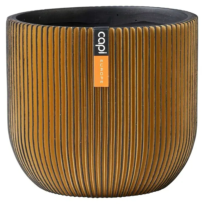 Capi Europe Übertopf rund Nature Groove - Außenmaß (Ø x H): 17 x 15 cm, Schwarz/Gold, Polyester - Goldener Capi Europe Pflanztopf mit gerippter Textur für den Innen- und Außenbereich, ideal zur Dekoration von Haus und Garten.