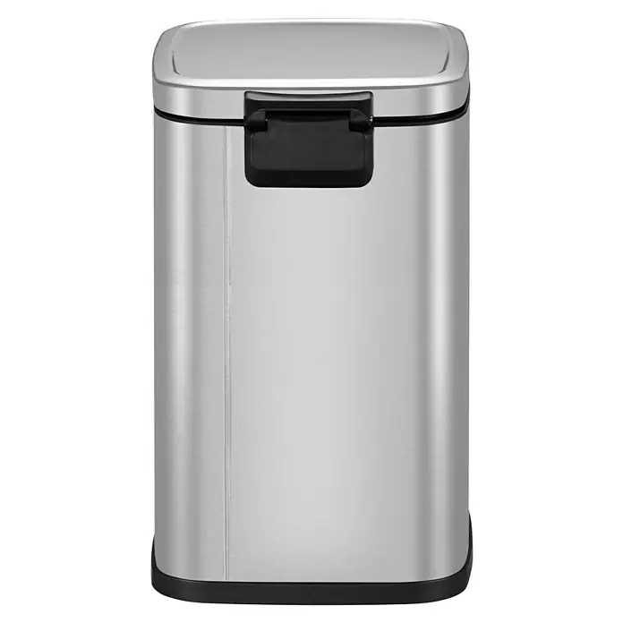 Vepa Bins Treteimer Stella - 12 l, Edelstahl, Mattsilber - Bild eines rechteckigen, silberfarbenen Treteimers mit schwarzem Deckel, ideal für Bad oder Küche.