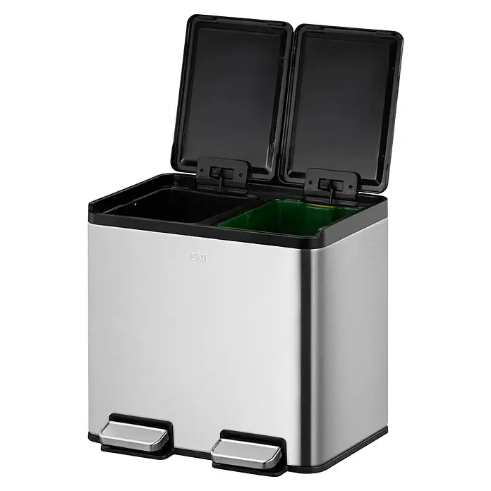 Vepa Bins Treteimer Essential - 20 l, Edelstahl, Mattsilber - Mülleimer mit zwei Fächern und Pedalöffnung. Der Abfallbehälter ist aus Edelstahl gefertigt und hat separate Inneneimer für Wertstoffe.