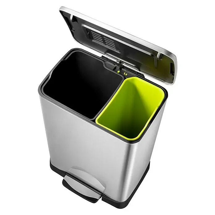 Vepa Bins Treteimer Neo-Cube Recycling - 46 l, Edelstahl, Mattsilber - Abfalltrennsystem mit zwei Fächern, Edelstahlgehäuse und Fußpedal zum einfachen Öffnen des Deckels. Perfekt für Küche oder Büro.