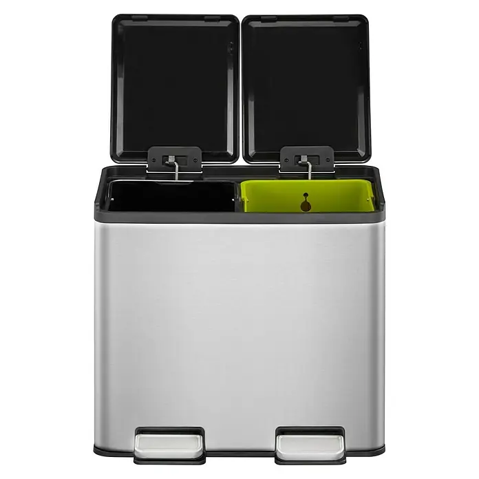 Vepa Bins Treteimer Essential - 20 l, Edelstahl, Mattsilber - Doppelte Mülleimer mit zwei Fächern aus Edelstahl mit Tretpedalen zum Sortieren von Abfall und Wertstoffen.