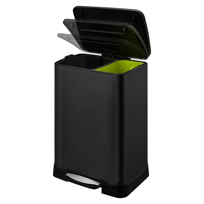 Vepa Bins Treteimer Neo-Cube Recycling - 46 l, Edelstahl, Schwarz - Ein Mülltrennungseimer in Schwarz mit zwei Fächern, einem schwarzen und einem grünen, unter einem geöffneten Deckel.