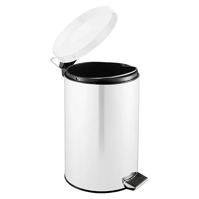 Vepa Bins Treteimer Trittmülleimer Venus - 12 l, Metall, Weiß - Ein weißer Treteimer mit geöffnetem Deckel. Ideal für Bad oder Küche, mit praktischem Pedal zum einfachen Öffnen.