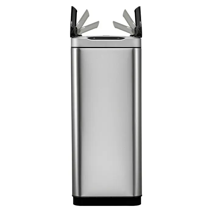 Vepa Bins Sensormülleimer Phantom - 45 l, Edelstahl, Mattschwarz - Hier ist ein elegantes Bild eines modernen, silberfarbenen Mülleimers mit einem innovativen Klappdeckeldesign, ideal für ein stilvolles Zuhause.