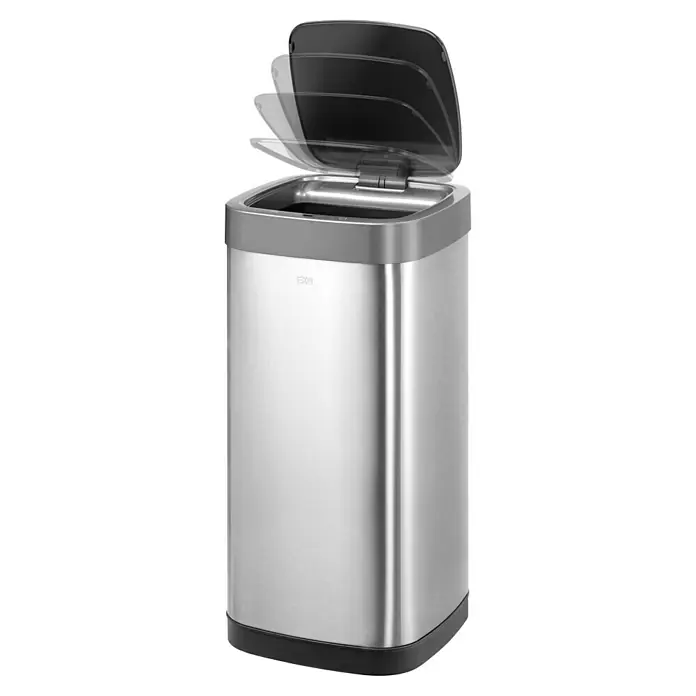 Vepa Bins Sensormülleimer EcoSmart - 50 l, Edelstahl, Mattsilber - Ein EKO Phantom Sensor Mülleimer aus Edelstahl mit geöffnetem Deckel, der die moderne Technologie und das schlanke Design des Behälters zeigt.