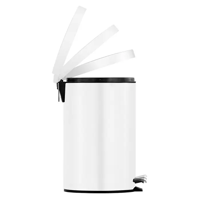 Vepa Bins Treteimer Trittmülleimer Venus - 12 l, Metall, Weiß - Weißer Treteimer mit schwarzem Deckel und Fußpedal. Der Deckel ist in verschiedenen Öffnungswinkeln dargestellt. Ideal für Bad und Küche.