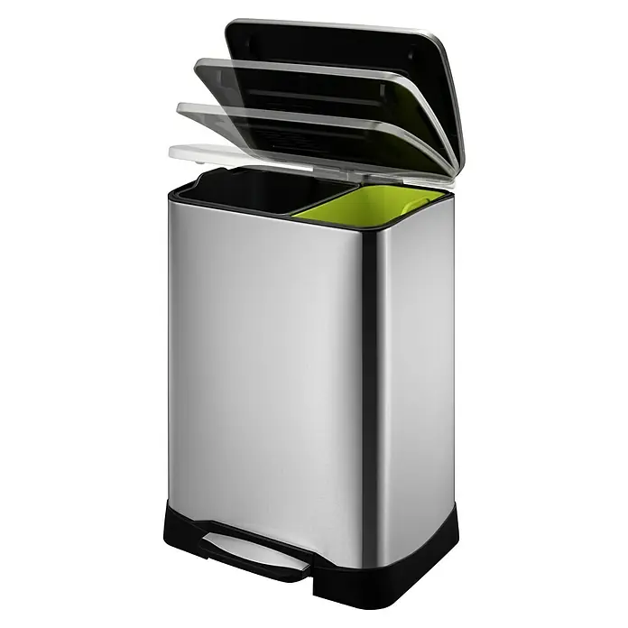 Vepa Bins Treteimer Neo-Cube Recycling - 46 l, Edelstahl, Mattsilber - Abfallbehälter mit zwei Fächern, silbernem Korpus, schwarzem Sockel und schwarzem Deckel, der geöffnet ist. Praktisch für die Mülltrennung.