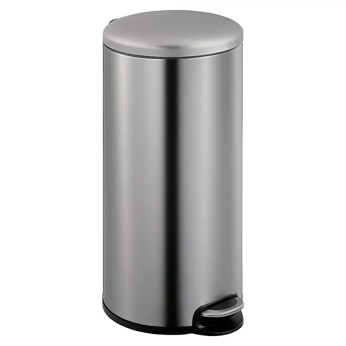 Vepa Bins Treteimer Maggey - 30 l, Edelstahl, Platin - Ein schlanker, zylindrischer Treteimer aus gebürstetem Edelstahl mit einem Fußpedal zum einfachen Öffnen.