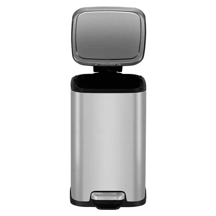 Vepa Bins Treteimer Stella - 12 l, Edelstahl, Mattsilber - Ein silberner, rechteckiger Treteimer mit geöffnetem Deckel. Dieser Mülleimer ist ideal für Küche oder Bad.