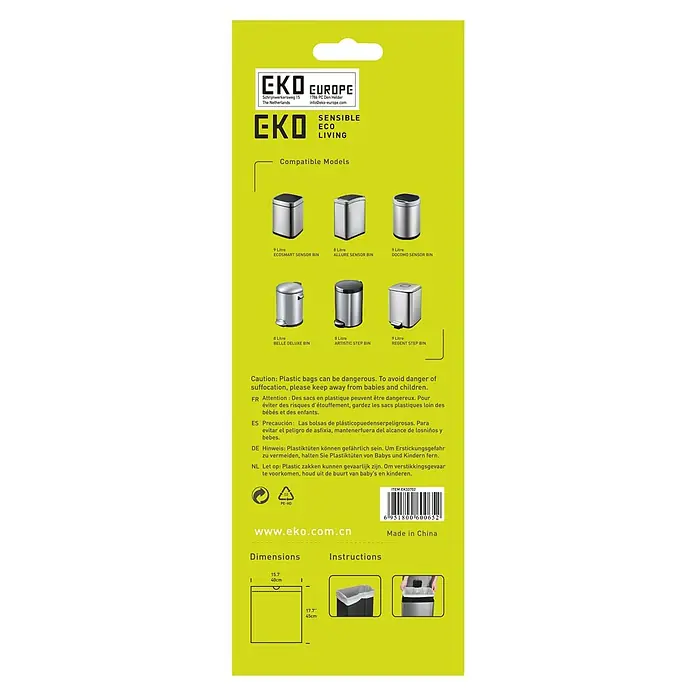 EKO Müllbeutel Typ B - 9 l, 25 Stk., Weiß - EKO Müllbeutel-Verpackung. Geeignet für EKO-Sensoreimer, Step-Bins und Deluxe-Bins. Vermeiden Sie Gefahren, lesen Sie die Sicherheitshinweise.
