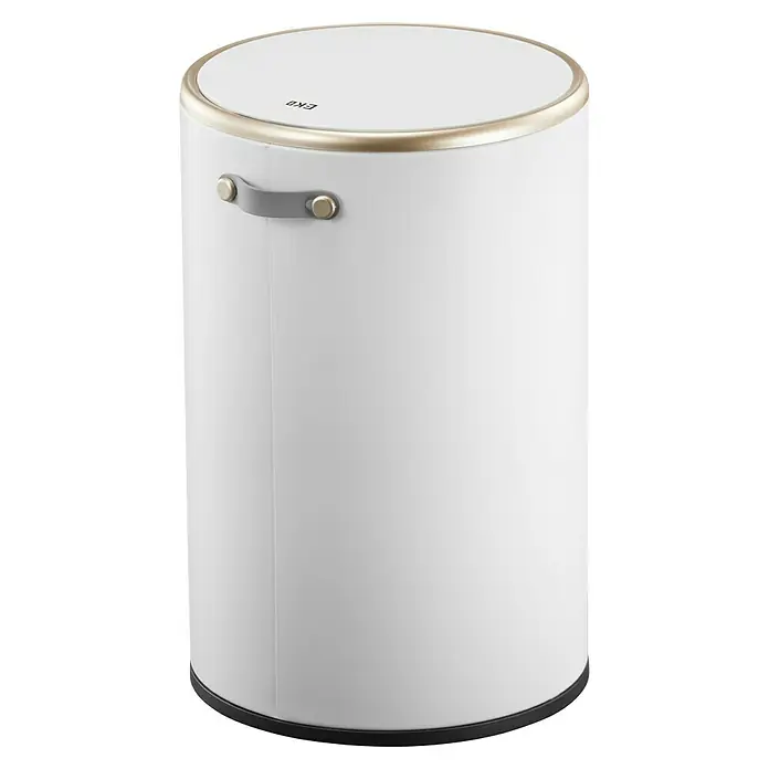 Vepa Bins Treteimer Cosmo - 12 l, Edelstahl, Weiß - Ein zylindrischer, weißer Abfalleimer mit grauem Griff und goldenem Rand. Ideal für Bad oder Büro.