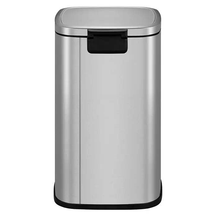 Vepa Bins Treteimer Stella - 20 l, Stahl, Mattsilber - Nahaufnahme eines silbernen Mülleimers mit schwarzem Deckel und Fuß, ideal für Küche oder Bad, der Stil und Funktionalität vereint.