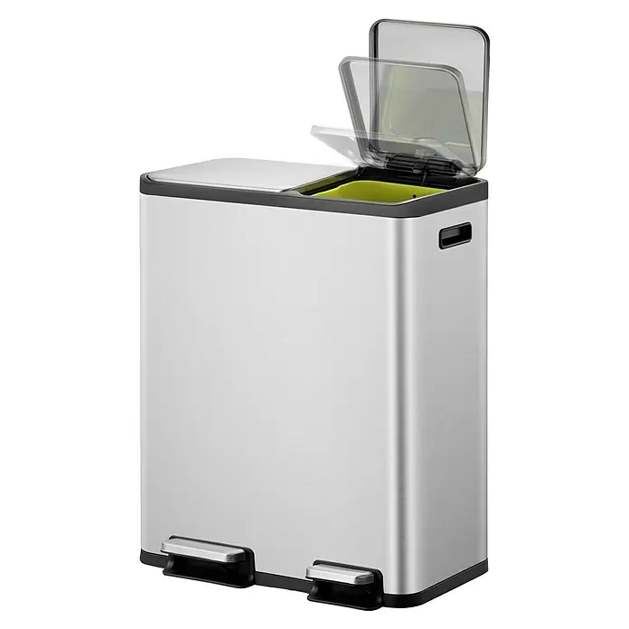 Vepa Bins Treteimer EcoCasa - 50 l, Edelstahl, Mattsilber - Doppelter Treteimer aus Edelstahl mit zwei Fächern und separaten Behältern für Abfalltrennung.
