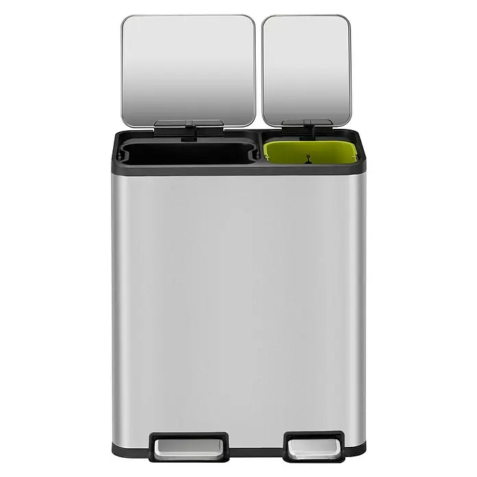 Vepa Bins Treteimer EcoCasa - 50 l, Edelstahl, Mattsilber - Ein moderner Abfallbehälter mit zwei Fächern und separaten Tretpedalen für einfache Mülltrennung. Der Edelstahl-Look passt in jede Küche.
