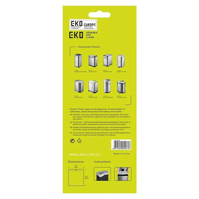 EKO Müllbeutel Typ D - 21 l, 20 Stk., Weiß - Produktbild der EKO-Müllbeutelverpackung, die die kompatiblen Mülleimermodelle, Abmessungen und Gebrauchsanweisungen zeigt.