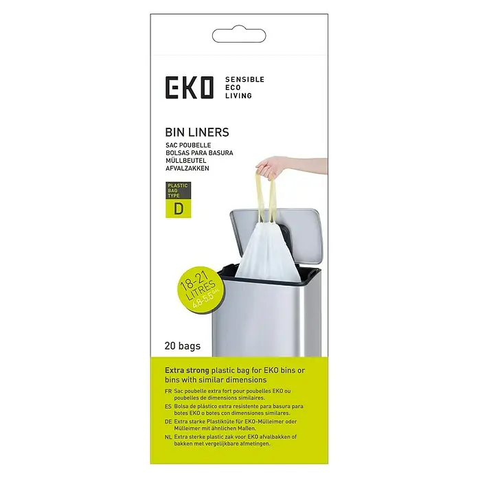 EKO Müllbeutel Typ D - 21 l, 20 Stk., Weiß - EKO Müllbeutel mit 18-21 Liter Volumen, extra stark und passend für EKO Mülleimer oder ähnliche Modelle. 20 Stück pro Packung.