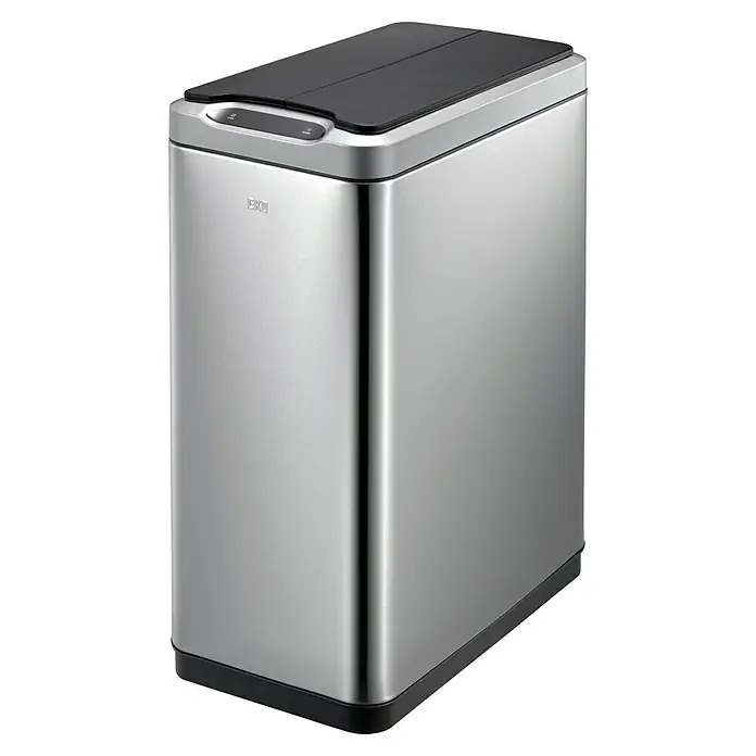 Vepa Bins Sensormülleimer Phantom - 45 l, Edelstahl, Mattschwarz - Abbildung eines EKO-Abfalleimers aus Edelstahl mit schwarzem Deckel. Er verfügt über eine sensorgesteuerte Öffnung und ist ideal für Küche und Bad.