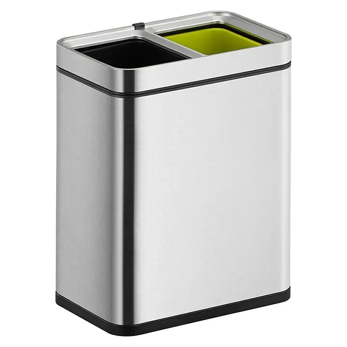 Vepa Bins Mülltrennsystem Laguna Slim Open Top - 20 l, Edelstahl, Mattsilber - Doppelter Abfallbehälter aus Edelstahl mit schwarzem und grünem Fach, ideal für die Mülltrennung in Küche oder Büro, elegantes und praktisches Design.
