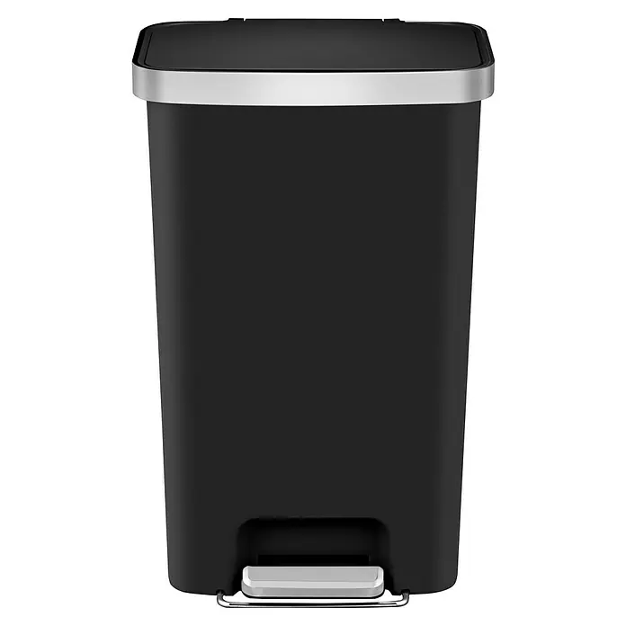 Vepa Bins Treteimer Hana - 45 l, Kunststoff, Schwarz - Schwarzer Treteimer mit silberfarbenem Deckelrand und Fußpedal für hygienische Abfallentsorgung.